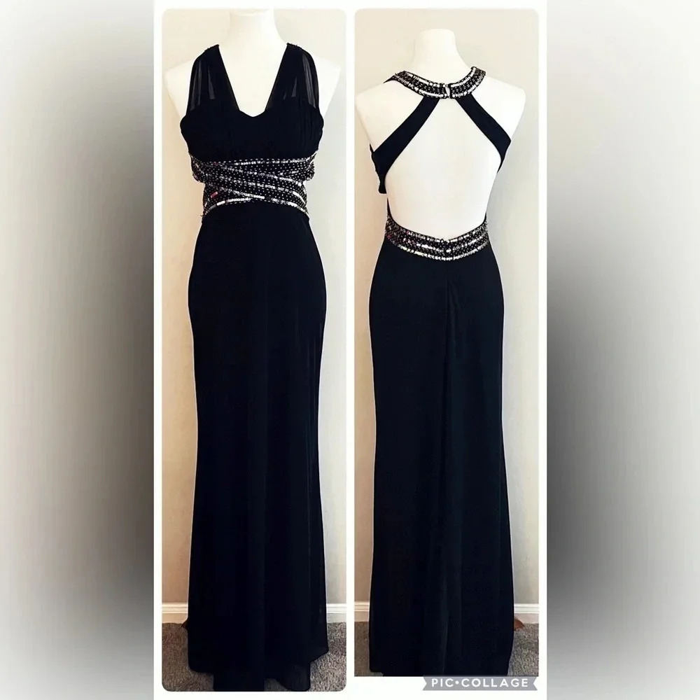90s Y2K black maxi dress glam open back sequin formalwear prom old Hollywood